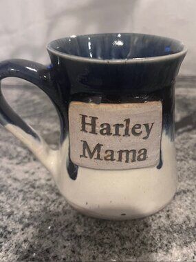 HARLEY MAMA handmade ceramic biker‎ mug. Blue & White glaze rustic handcrafted.